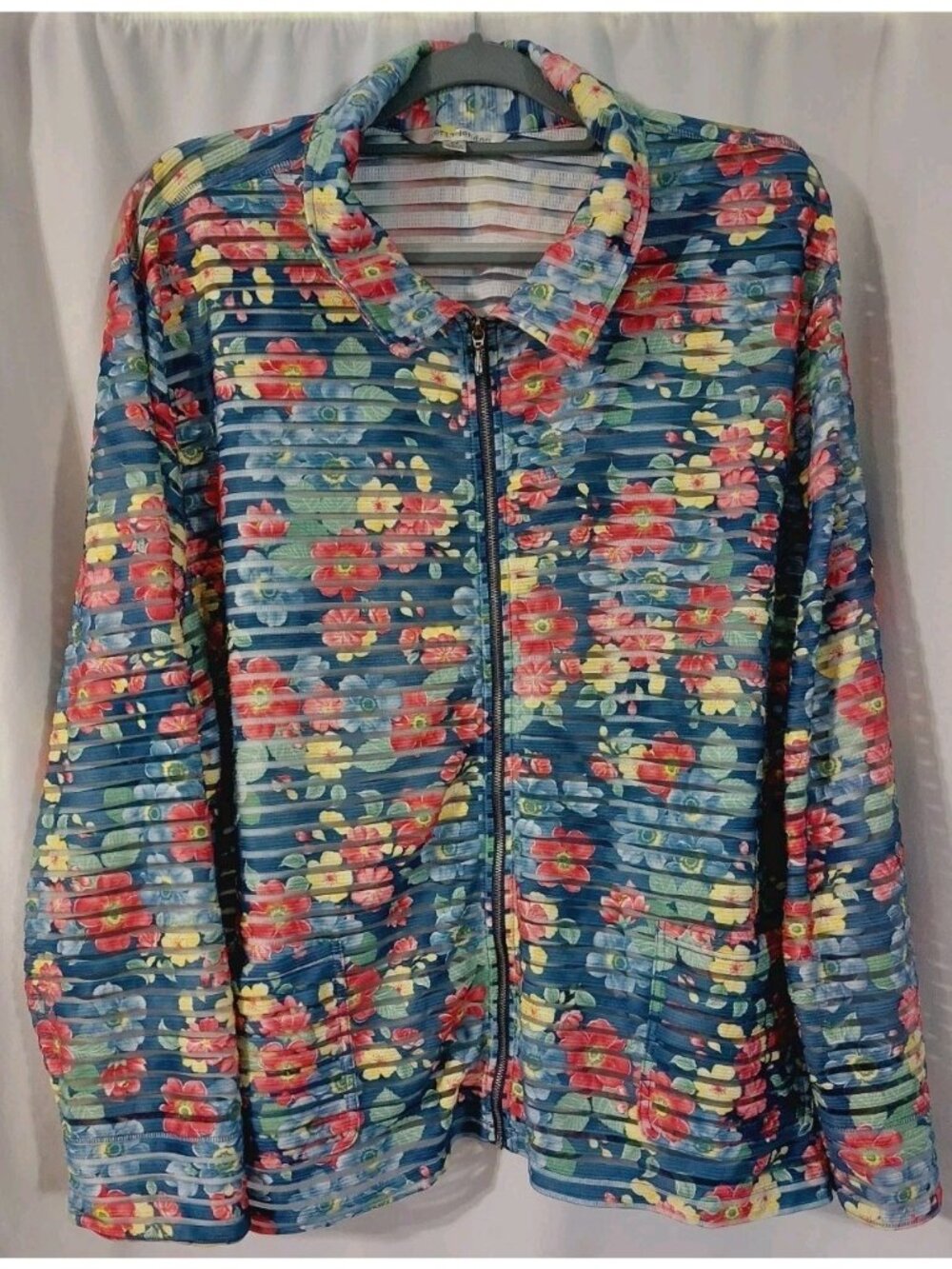 Erin London Jacket Size 2x Floral Multicolor Full Zip Semi Sheer Pockets